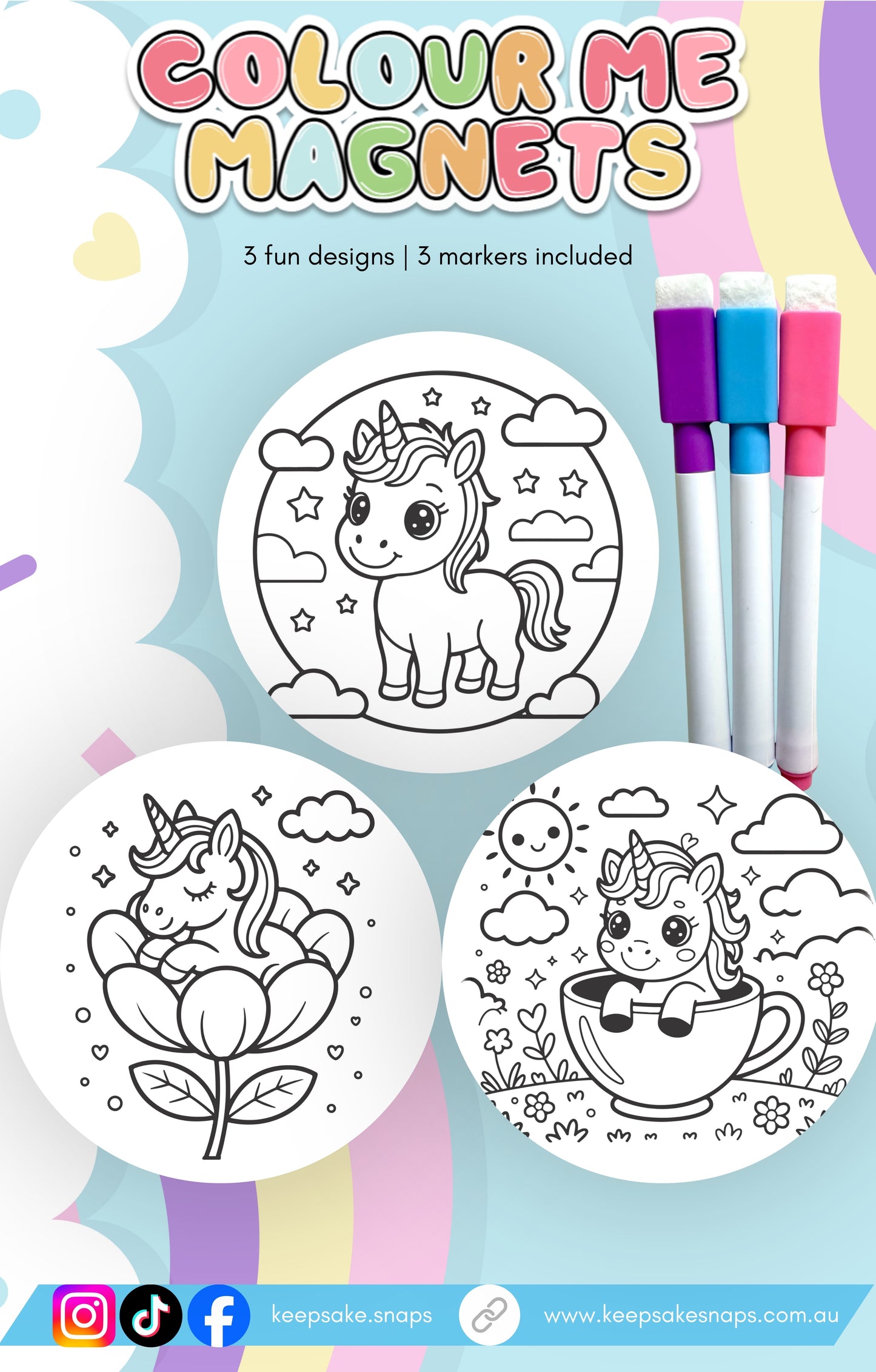 Unicorn Colour Me Magnets | 3 Designs + 3 Markers